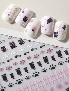 Beautizon Nailartlab 1件裝卡通貓/貓爪/魚骨美甲裝飾貼紙，可愛表情DIY美甲裝飾貼紙 - 彩色 - 查看 1