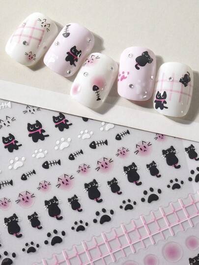Beautizon Nailartlab 1pc Cartoon Cat/Cat Paw/Fish Bone Nail Art Decorative Sticker, Cute Expression DIY Nail Decor Sticker