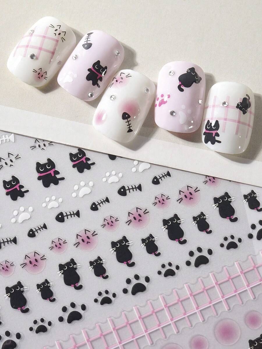 Beautizon Nailartlab 1件裝卡通貓/貓爪/魚骨美甲裝飾貼紙,可愛表情DIY美甲裝飾貼紙 - 彩色 - 查看 1