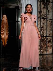 女士褶皱 V 领派对其他服装优雅连衣裙