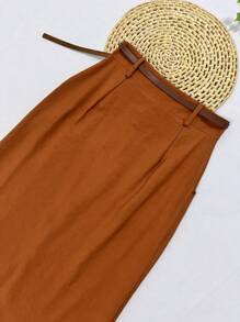 Midi Skirt With High Waist Slit Belt - Camel - View 6