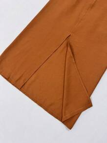 Midi Skirt With High Waist Slit Belt - Camel - View 4