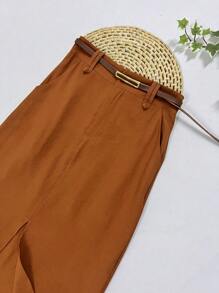 Midi Skirt With High Waist Slit Belt - Camel - View 3