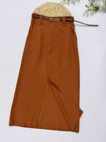 Midi Skirt With High Waist Slit Belt - Camel - View 2