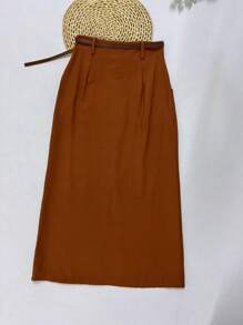 Midi Skirt With High Waist Slit Belt - Camel - View 5