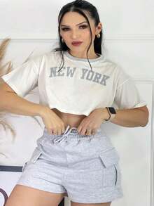 Women's Sweatshirt Shorts And Cropped Loose Blouse Bare Belly Mid Season - 灰色 - 查看 2