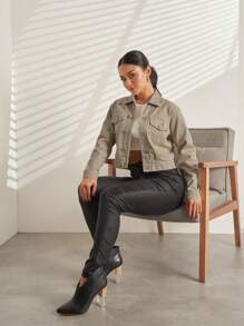 Women's Simple Twill Denim Jacket With Pocket 100% Cotton Tendencia Jackets - Khaki - View 4