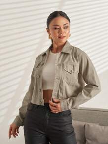 Women's Simple Twill Denim Jacket With Pocket 100% Cotton Tendencia Jackets - Khaki - View 1