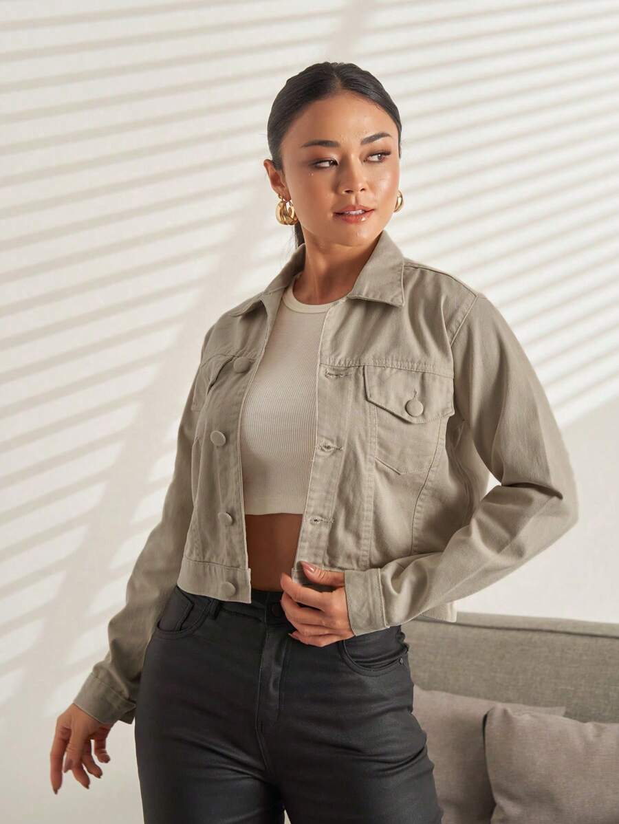 Women's Simple Twill Denim Jacket With Pocket 100% Cotton Tendencia Jackets - Khaki - View 1