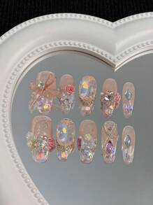 10 件手工制作的棺材形假指甲，彩色闪粉、水钻、玫瑰、菱形、蝴蝶装饰，适合生日派对、婚礼、日常佩戴，附赠 1 件指甲胶和 1 件指甲锉 - 彩色 - 查看 1