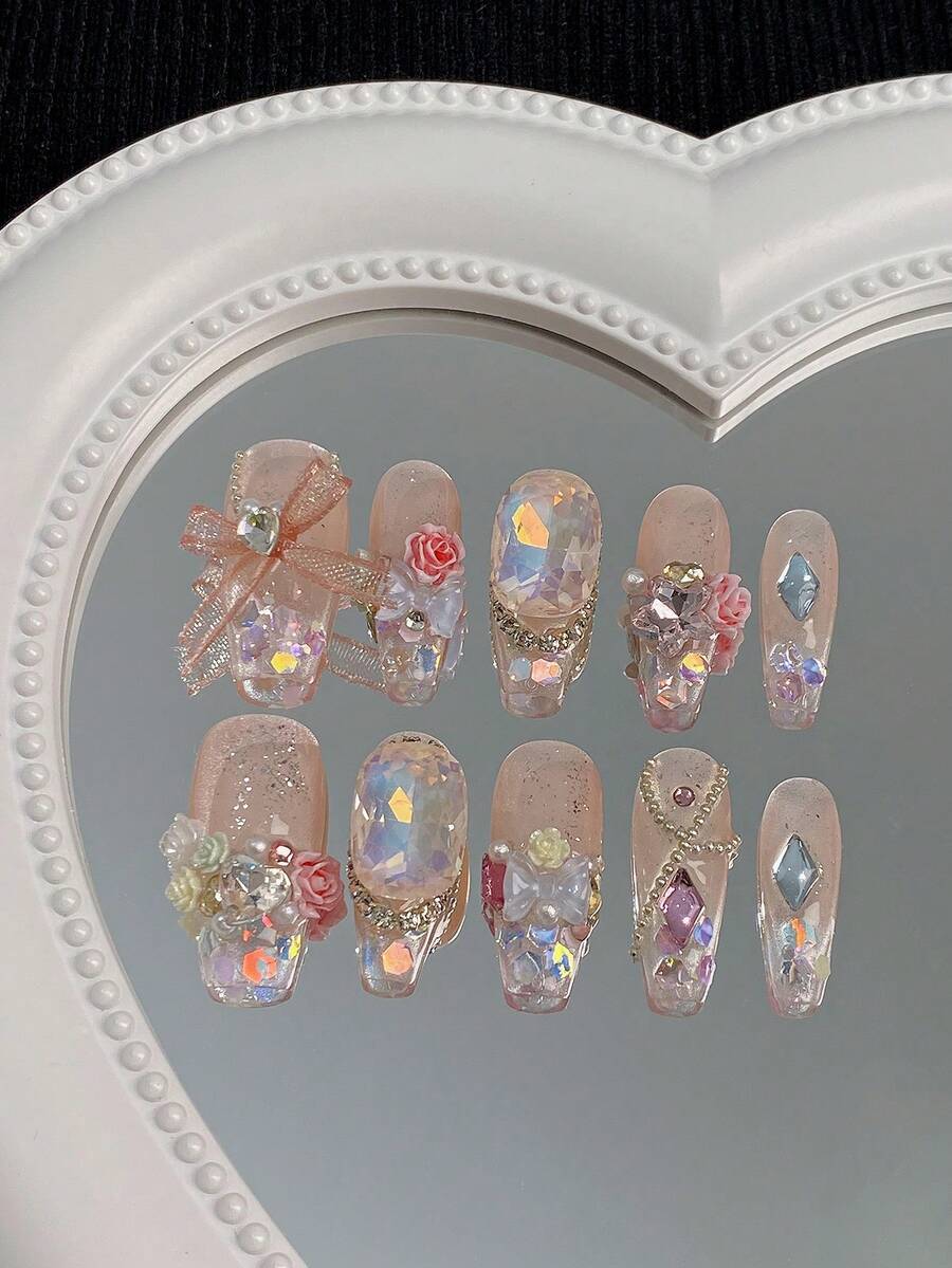 10 件手工制作的棺材形假指甲，彩色闪粉、水钻、玫瑰、菱形、蝴蝶装饰，适合生日派对、婚礼、日常佩戴，附赠 1 件指甲胶和 1 件指甲锉 - 彩色 - 查看 1