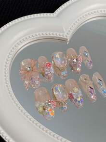 10 件手工制作的棺材形假指甲，彩色闪粉、水钻、玫瑰、菱形、蝴蝶装饰，适合生日派对、婚礼、日常佩戴，附赠 1 件指甲胶和 1 件指甲锉 - 彩色 - 查看 2