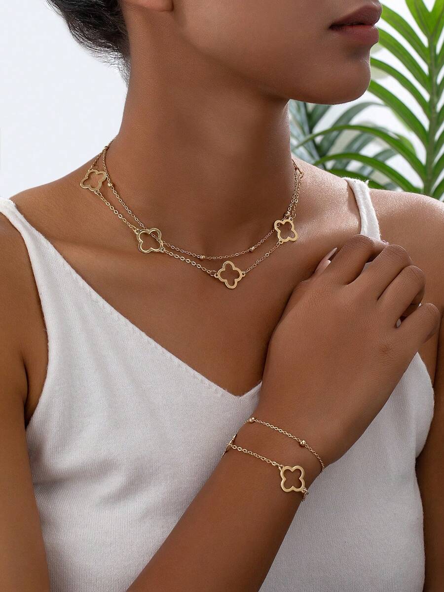 1set Hollow Floral Chain Necklace And Bracelet, Elegant And Stylish Jewelry Set - Yellow Gold - View 1