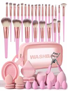 46pcs Professional Makeup Brush Set Include: 25pcs Makeup Brushes, 3pcs Makeup Sponges For Liquid Makeup, 3pcs Triangle Makeup Sponges For Loose Powder & Setting, 6pcs Finger Makeup Sponges, 6pcs Mini Makeup Sponges, 1pc Brush Cleaning Bowl, 1pc Waterproof Makeup Bag, 1pc Eyelash Curler - Ideal For Beginner