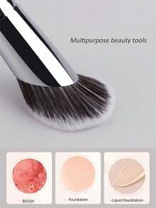 1pc Angled Foundation Brush, High Density Synthetic Fiber Makeup Brush, Kabuki Brush, Suitable For Foundation, Cream, Powder, Portable Travel Makeup Tool - Silver - View 2