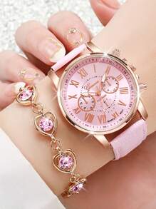 Set da 6 orologi da polso al quarzo da donna, stile romano classico con quadrante a tre lancette, più set di gioielli con strass a forma di cuore (scatola per orologio non inclusa)