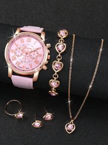 Set da 6 orologi da polso al quarzo da donna, stile romano classico con quadrante a tre lancette, più set di gioielli con strass a forma di cuore (scatola per orologio non inclusa)