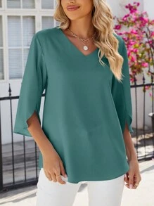 Women's Casual Chiffon Blouse Loose Top 3/4 Ruffled Sleeve V Neck Summer Dressy Shirt Basic Tunic Tops Ruffle Split Sleeve Flowy T-Shirts For Leggings - Green - View 2