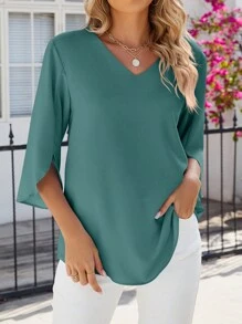 Women's Casual Chiffon Blouse Loose Top 3/4 Ruffled Sleeve V Neck Summer Dressy Shirt Basic Tunic Tops Ruffle Split Sleeve Flowy T-Shirts For Leggings - Green - View 1