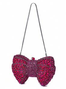 Handmade Rhinestone Embellished Bow Clutch Bag For Women, Suitable For Party And Daily Matching, Not For Smartphone Valentines - Maroon - View 4