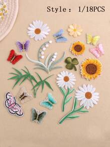 18 Pieces/Set  Butterfly And Flower Pattern Embroidery And Ironing Patches, Suitable For DIY Clothing And Accessories - Unique Designs For Hats, Jeans, Dresses, Etc., CuteCartoon Embroidery Patches - 彩色 - 查看 16