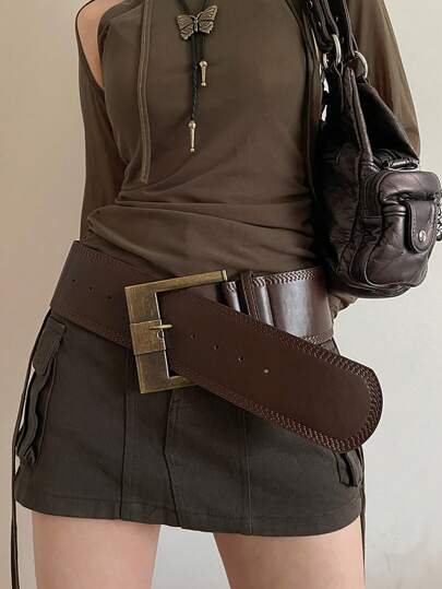 1pc Women Vintage Wide PU Leather Waist Belt Summer, School Fall, Autumn, Halloween