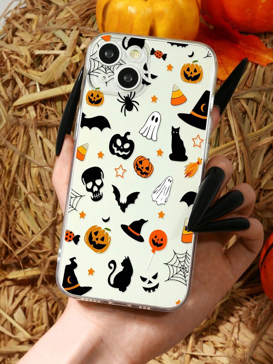 1 pièce Étui de téléphone portable transparent et doux avec motif de bonbon de chat citrouille fantôme d'Halloween, compatible avec iPhone et Samsung - Multicolore - Voir 1