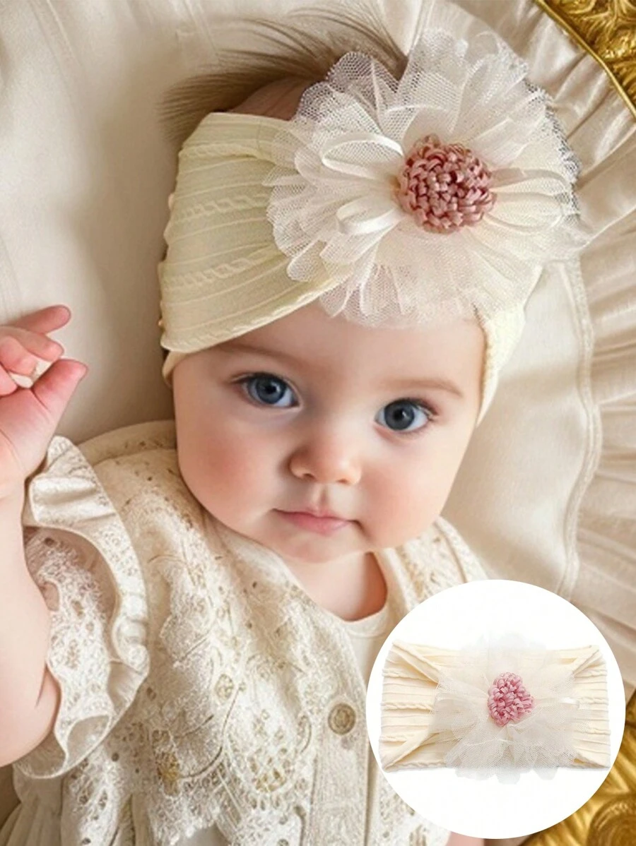 1pc Lace Flower, Bow & Crown Design Baby Headband, Ideal For Daily Wear Or Gift Love Valentine - Beige - View 1