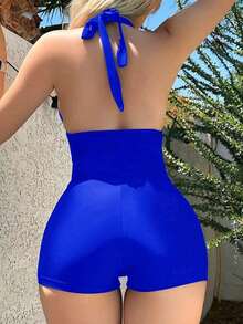 Traje de baño de color sólido Split Boxer de cintura alta Cuello colgante Traje de baño bikini sin espalda - Azul - Ver 2