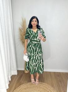 Women's Printed Midi Dress - Zebra Midi Dress With Elastic. - 綠色 - 查看 1