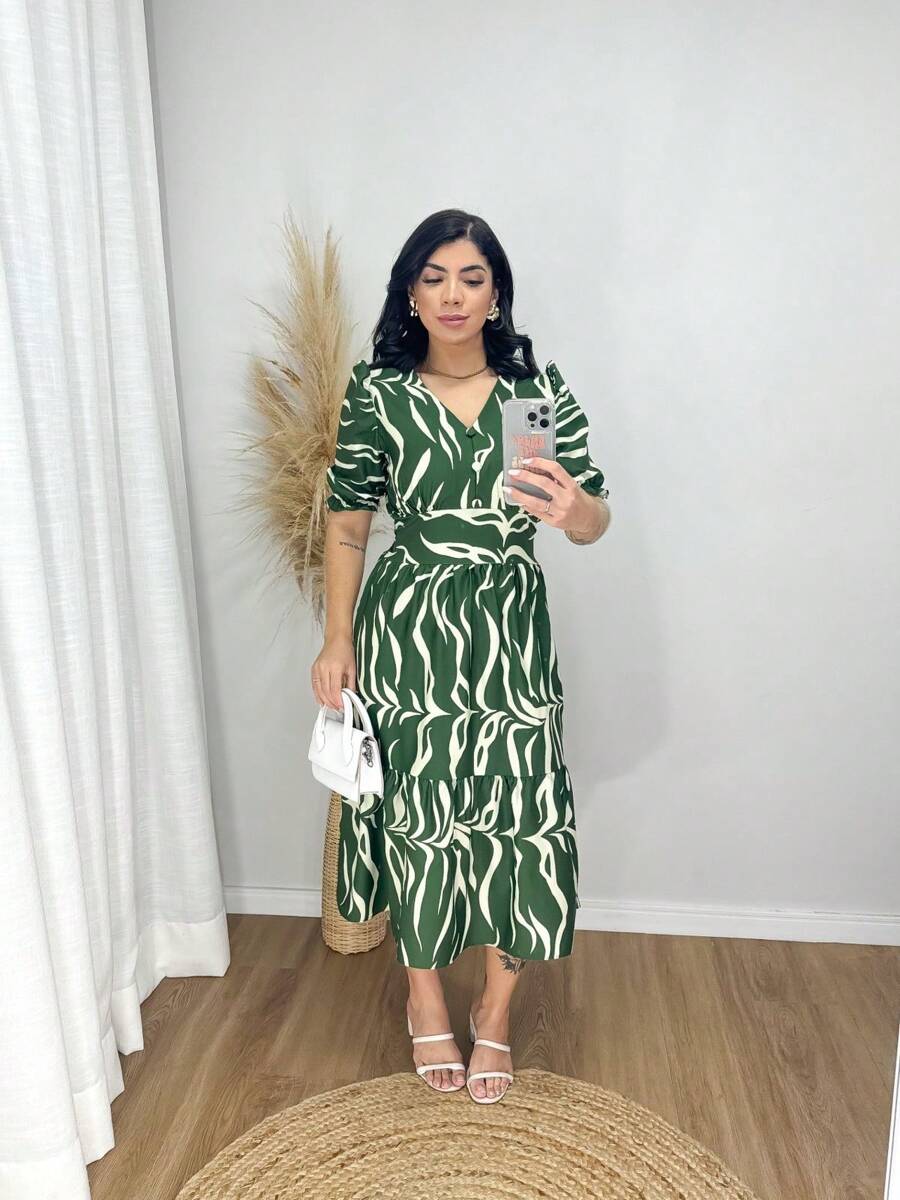 Women's Printed Midi Dress - Zebra Midi Dress With Elastic. - 綠色 - 查看 1