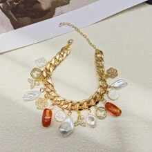 1入組時尚巴洛克珍珠金屬復古美人魚天然石頭與金幣設計海洋沙灘日常禮物女士鏈扣手鐲 - 金色 - 查看 13