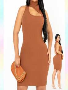 Maya Dress Model High Neck Tank Top With Anarruga Asymmetrical Neckline - 巧克力棕 - 查看 1