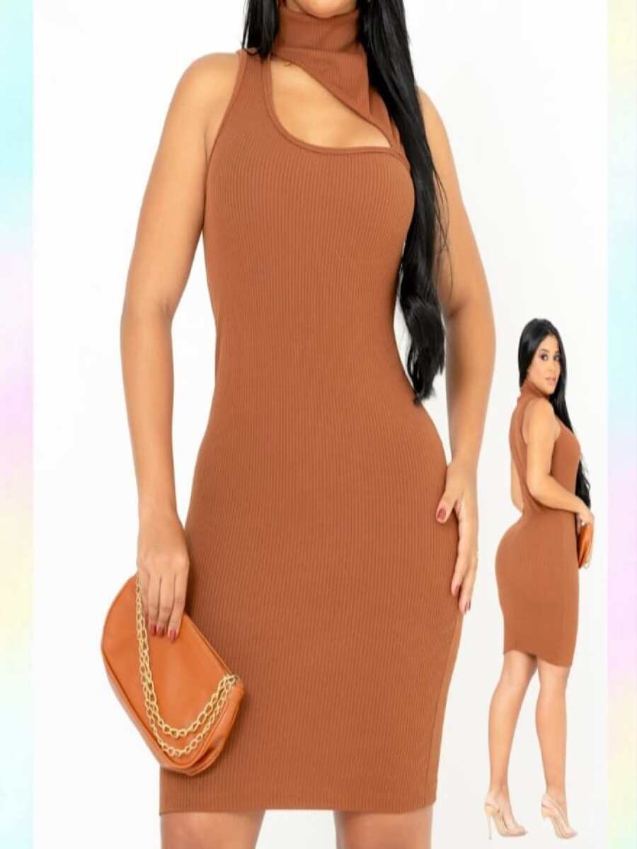 Maya Dress Model High Neck Tank Top With Anarruga Asymmetrical Neckline - 巧克力棕 - 查看 1