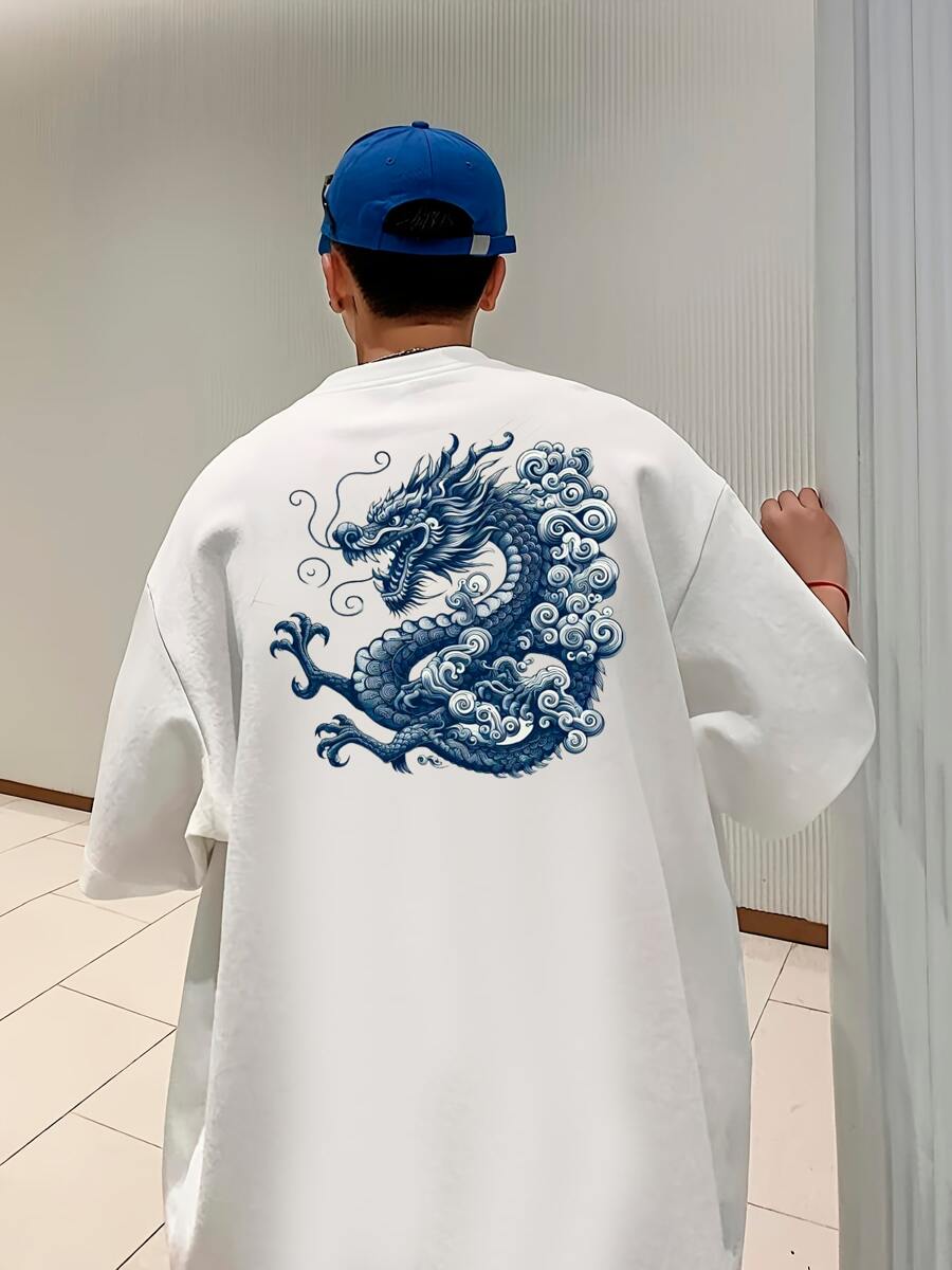 Men's Oversize T-Shirt Chinese Dragon Japan T-Shirt Oversized Shirt Premium 100% Cotton - trắng - Xem 1