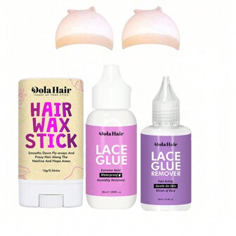 5入組女裝角色扮演假髮套裝,附帶1.34fl Oz蕾絲假髮粘合劑、工具、髮蠟棒等配件,包括假髮膠1入/假髮膠溶劑1入/髮蠟棒1入/hd假髮帽（38ml+30ml+0.56oz+假髮帽）附有蕾絲假髮粘合劑、髮蠟棒等,特別適合女性使用