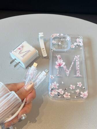 5pcs/Set Phone Case + Data Cable Protection Case Set, M Letter Pattern, Fast Charging Adapter Protective Cover Suitable For IPhone 7/8/7p/8p/X/Xs/Xr/Xsmax/11/11pro/11promax/12/12pro/12promax/12MINI/13/13pro/13promax/13MINI/14/14pro/14plus/14promax/15/15pro/15plus/15promax/16/16pro/16plus/16promax/17/17pro/17promax/17AIR