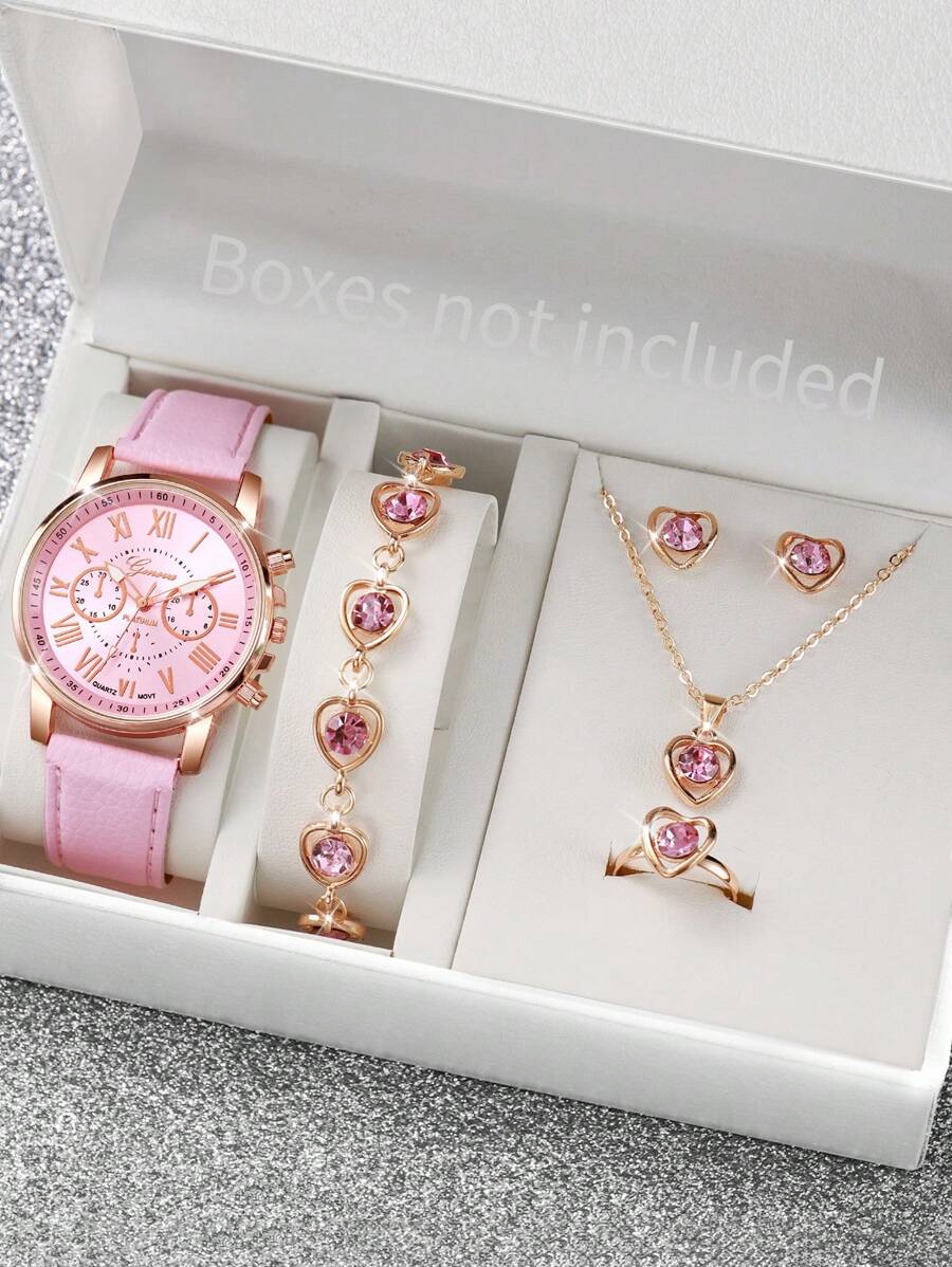 Set da 6 orologi da polso al quarzo da donna, stile romano classico con quadrante a tre lancette, più set di gioielli con strass a forma di cuore (scatola per orologio non inclusa)