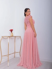 Long Bridesmaid Congress Graduation Party Dress With Embroidered Sleeve - Rusty Rose - View 3