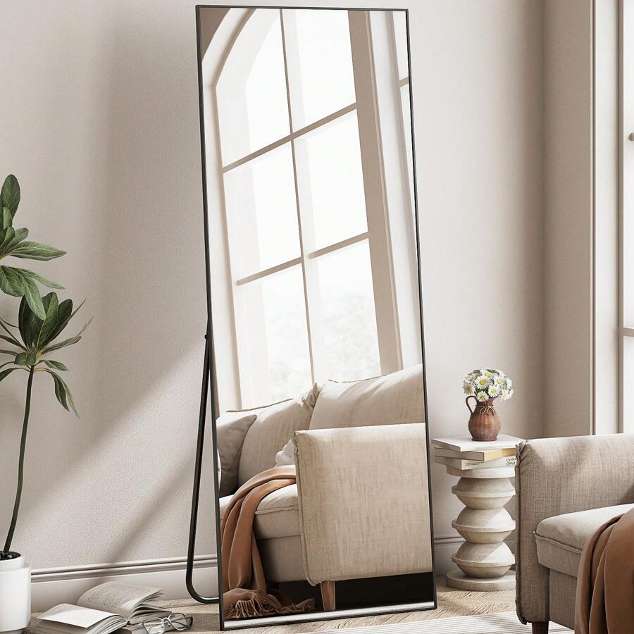 71"X26" Full Length Mirror, Floor Mirror With Stand, Large Wall Mirror With Aluminum Alloy Frame, Free Standing, Hanging, Or Leaning, Full Body Mirror For Bedroom, Living Room, Dressing Room, Gym, Gold - 黑色 - 查看 1