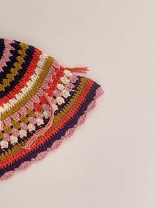 1 件手工钩针复古条纹针织女帽，甜美百搭，带流苏装饰，冬季秋季 - 彩色 - 查看 8