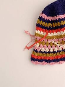 1 件手工钩针复古条纹针织女帽，甜美百搭，带流苏装饰，冬季秋季 - 彩色 - 查看 9