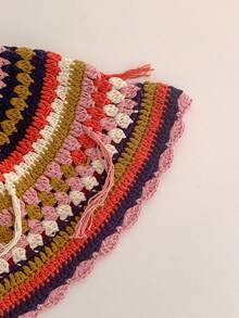 1 件手工钩针复古条纹针织女帽，甜美百搭，带流苏装饰，冬季秋季 - 彩色 - 查看 10