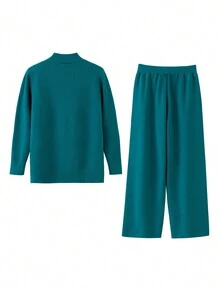 GIGOGOU 女士针织毛衣裤套装，休闲运动装，秋冬款 - 墨綠色 - 查看 4