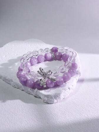 1 Pc Fashionable Natural Gemstone Bracelet With Semi Precious Stones, A Detachable Double Chain Bracelet Of Spodumene And White Crystal, Suitable For Gift Giving, Gift Box And Jewelry Storage Bag.