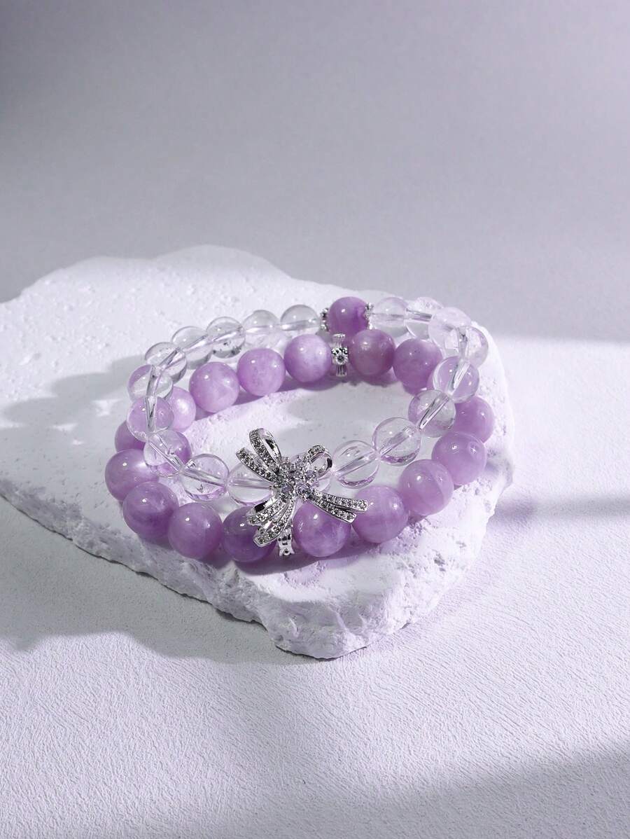 1 Pc Fashionable Natural Gemstone Bracelet With Semi Precious Stones, A Detachable Double Chain Bracelet Of Spodumene And White Crystal, Suitable For Gift Giving, Gift Box And Jewelry Storage Bag.