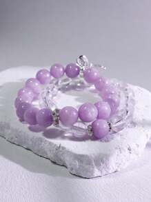 1 Pc Fashionable Natural Gemstone Bracelet With Semi Precious Stones, A Detachable Double Chain Bracelet Of Spodumene And White Crystal, Suitable For Gift Giving, Gift Box And Jewelry Storage Bag.