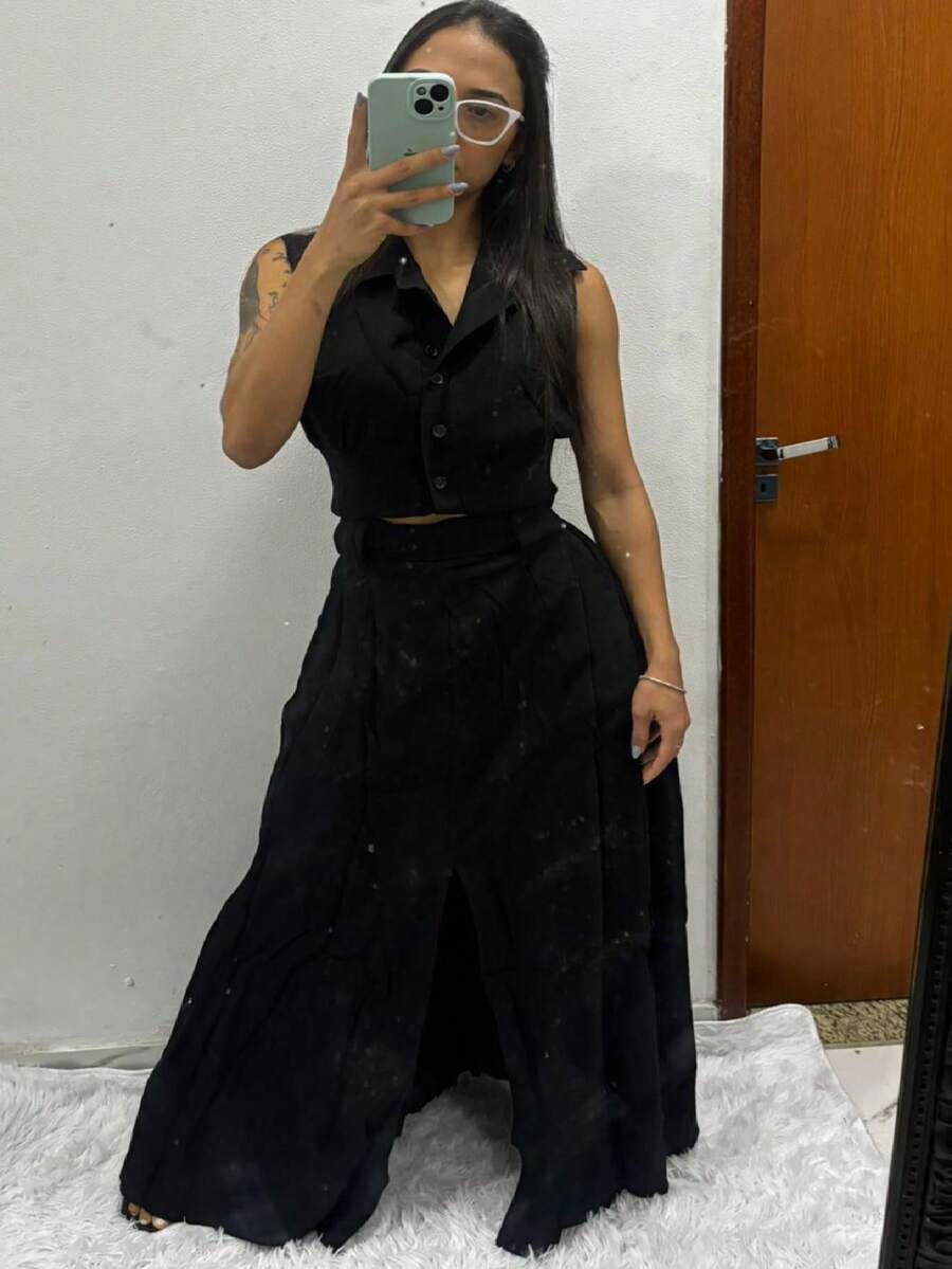 Women's Set With Long Skirt With Slit And Elastic Back And Vest/Blouse With Buttons - màu đen - Xem 1