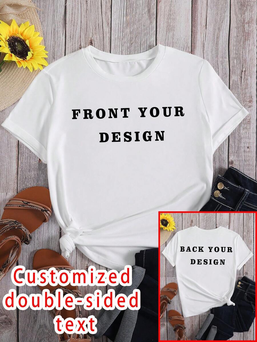 Plus Size Personalized Photo T-Shirt Customizable Text, Couple And Family Printed Top Casual White - White - View 1