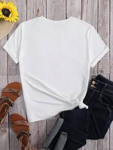 Plus Size Personalized Photo T-Shirt Customizable Text, Couple And Family Printed Top Casual White - White - View 3